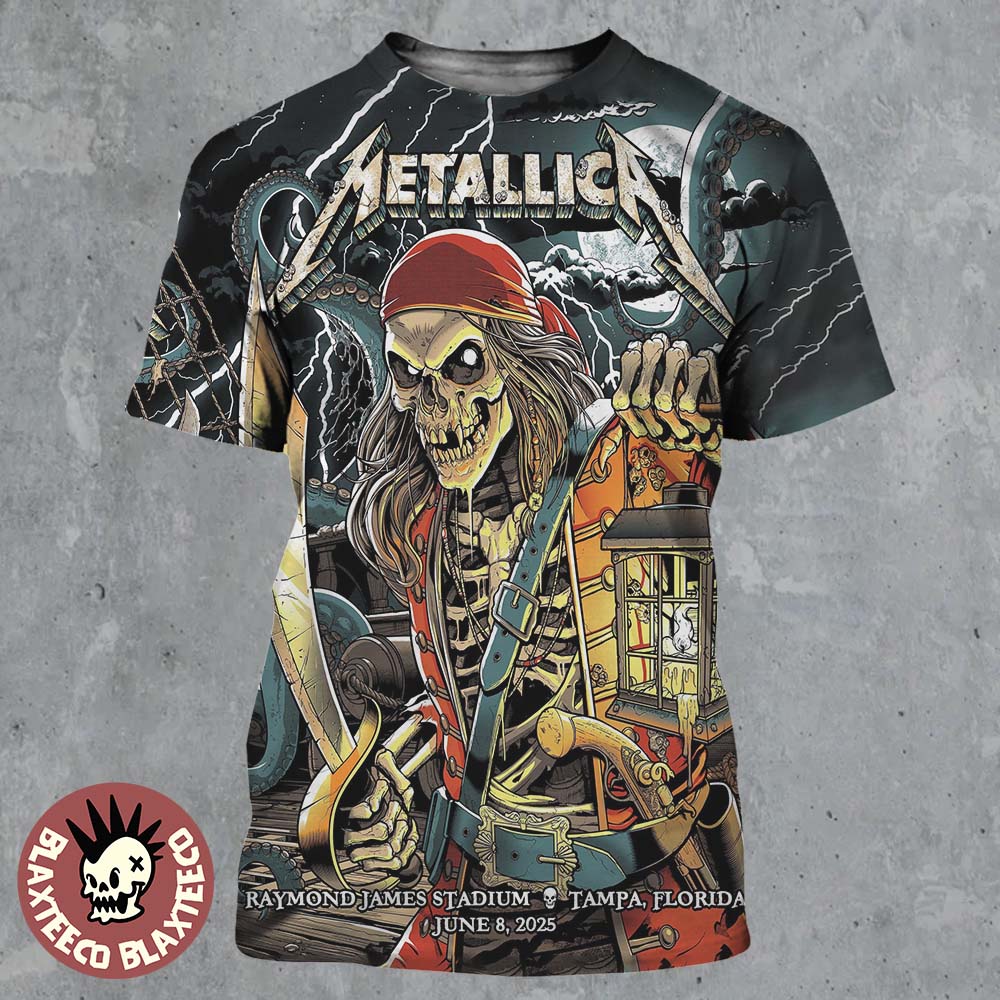 Metallica M72 Tampa 2025 Night 2 Venue Poster In Tampa Florida At Raymond James On June 8 2025 The Pirate Skeleton Art All Over Print Shirt - T-Shirt, Sweatshirt, Hoodie
