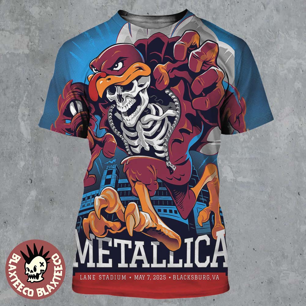 Metallica M72 Virginia Tech 2025 Venue Poster In Blacksburg VA At Lane Stadium On May 7 2025 Skeleton Mascot HokieBird All Over Print Shirt - T-Shirt, Sweatshirt, Hoodie