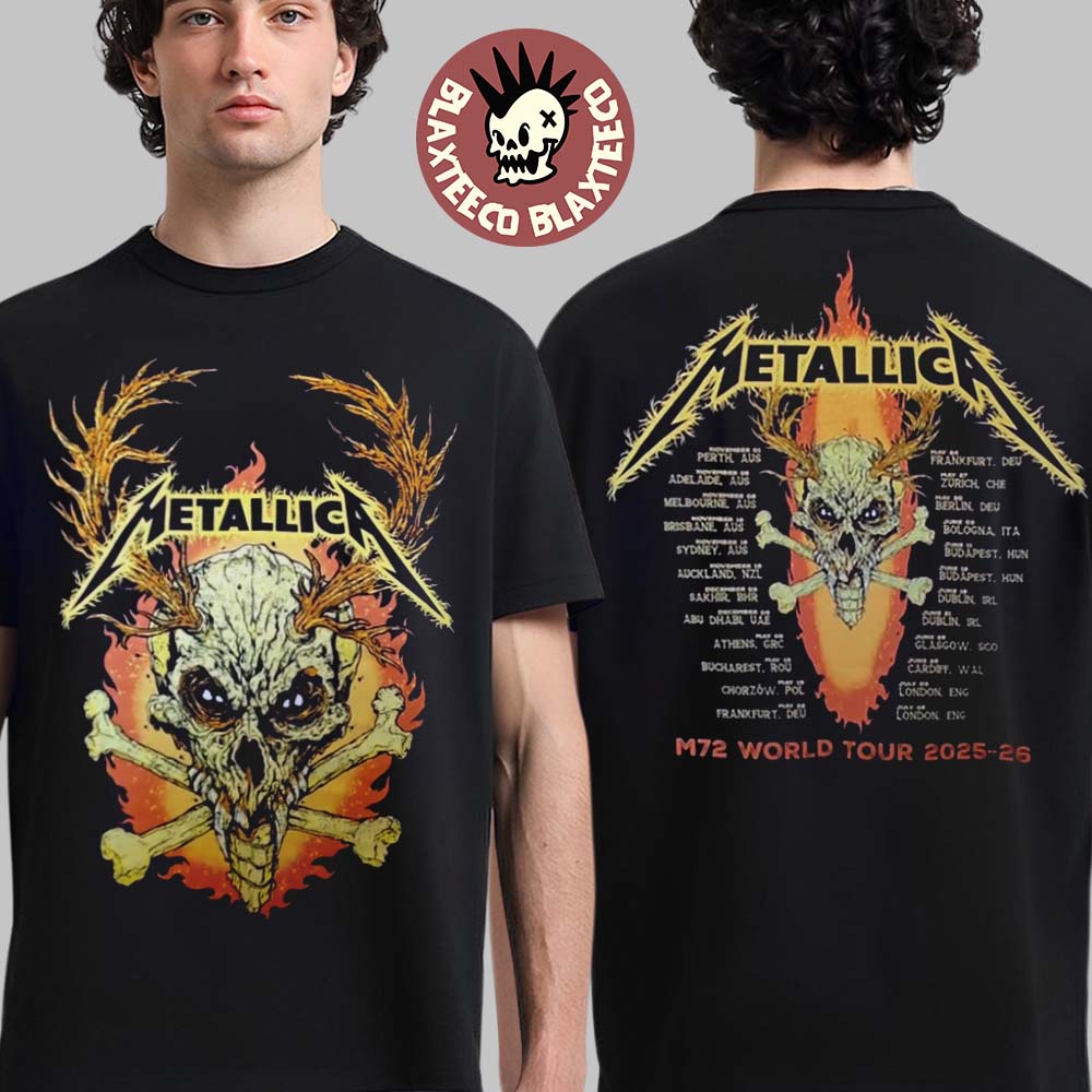 Metallica M72 World Tour 2025 2026 Flame Skull Dates Back Two Sided T-Shirt Unisex T-shirt, Sweatshirt, Hoodie, Long Sleeve Tee - T-Shirt, Sweatshirt, Hoodie