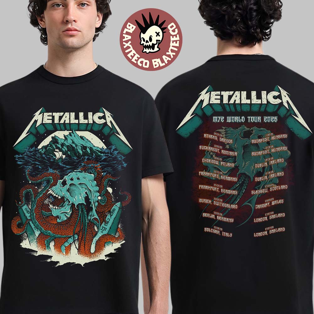 Metallica M72 World Tour 2026 Merch Kraken Skull Head With Dates Back Two Sided T-Shirt Unisex T-shirt, Sweatshirt, Hoodie, Long Sleeve Tee - T-Shirt, Sweatshirt, Hoodie