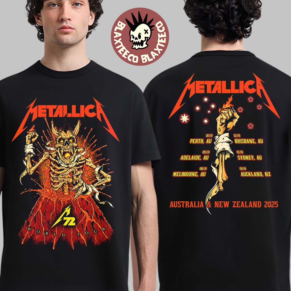 Metallica M72 World Tour Australia And New Zealand 2025 Fancards Feat Metallica Skeleton In The Volcano With Dates Back T-Shirt - T-Shirt, Sweatshirt, Hoodie