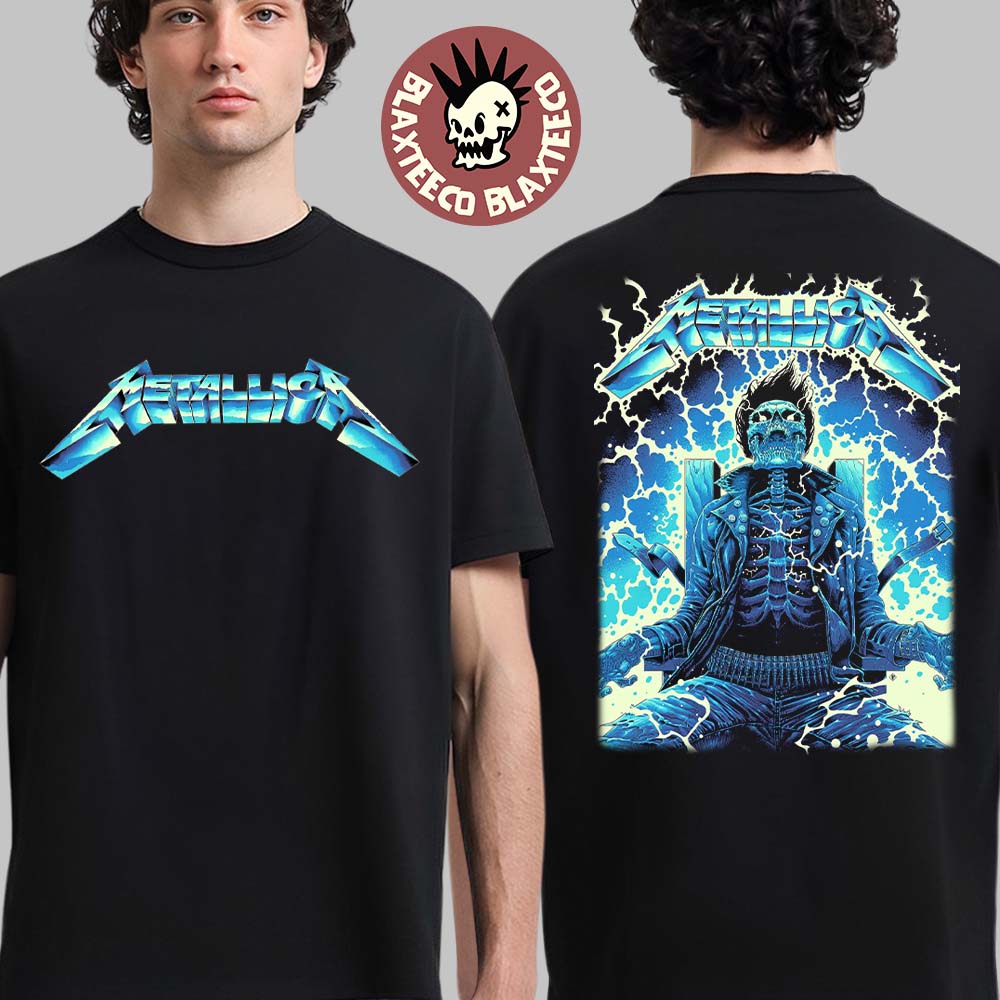 Metallica Ride The Lightning Artwork By Luke Preece Australia M72 Tour Exclusive Art Skeleton On The Electric Chair Two Sided T-Shirt - T-Shirt, Sweatshirt, Hoodie