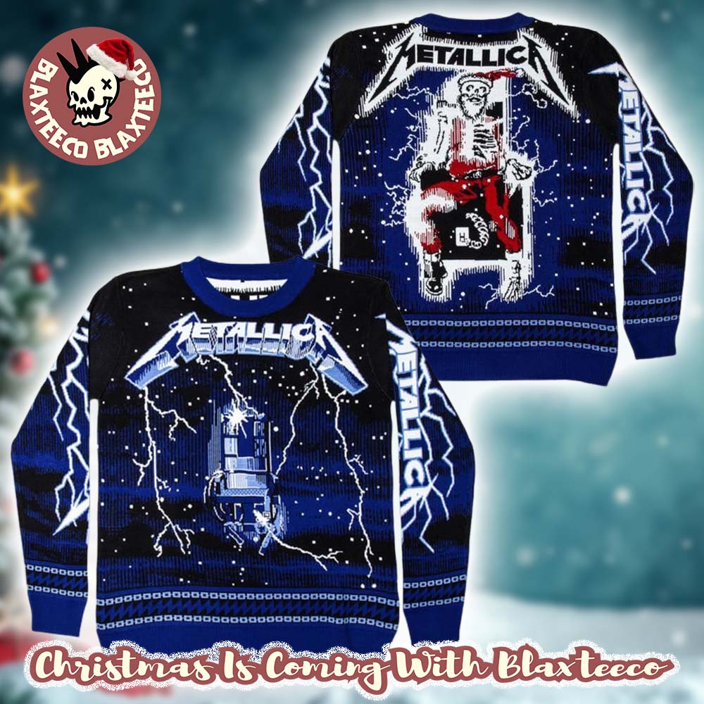 Metallica Ride The Lightning Electric Chair And Skeleton Santa Ugly Christmas Sweater Unisex T-shirt, Sweatshirt, Hoodie, Long Sleeve Tee - T-Shirt, Sweatshirt, Hoodie