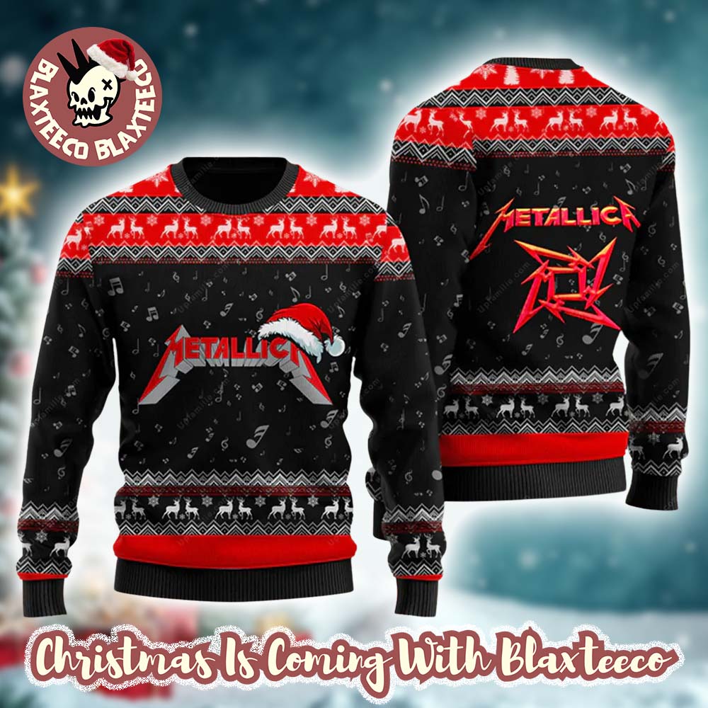 Metallica Signature Logo Ninja Star With Santa Hat Reindeer Red And Black Ugly Christmas Sweater - T-Shirt, Sweatshirt, Hoodie