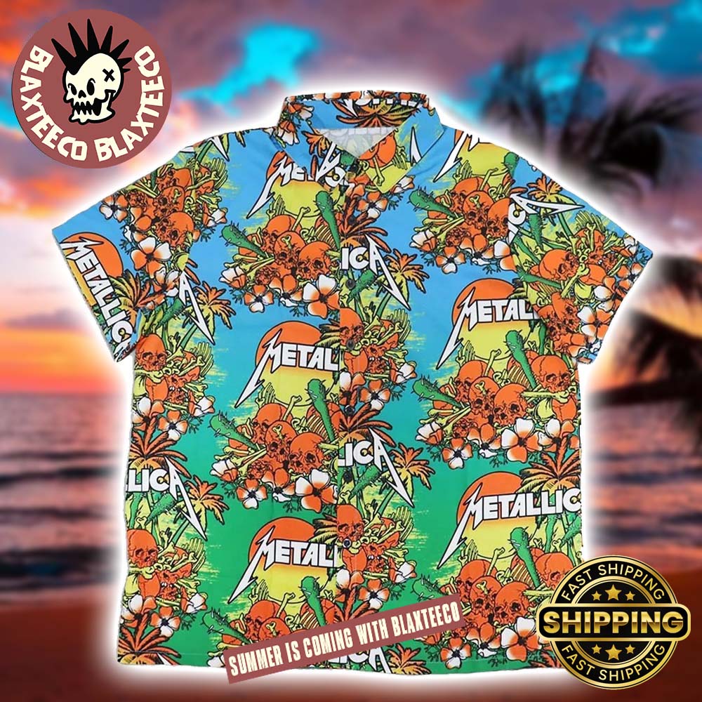 Metallica Sunset Tropical Skull Pattern 2025 Summer Hawaiian Shirt Unisex T-shirt, Sweatshirt, Hoodie, Long Sleeve Tee - T-Shirt, Sweatshirt, Hoodie