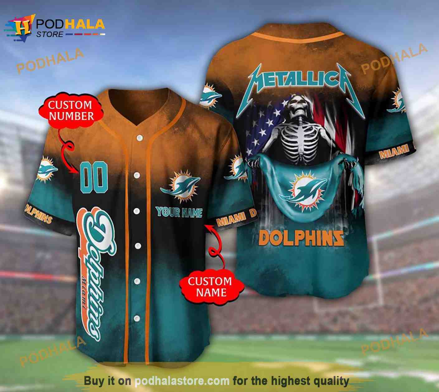 Miami Dolphins 3d Personalized Gift, Custom Name Number Metallica 3D Baseball Jersey baseball jersey product view 1