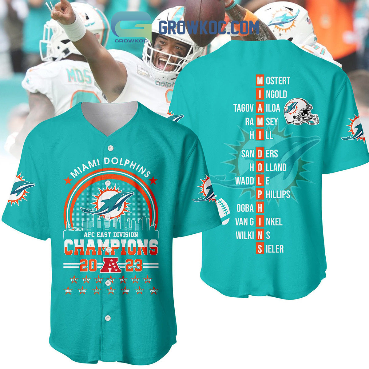 Miami Dolphins AFC East Division Champions 2023 Baseball Jersey baseball jersey product view 1