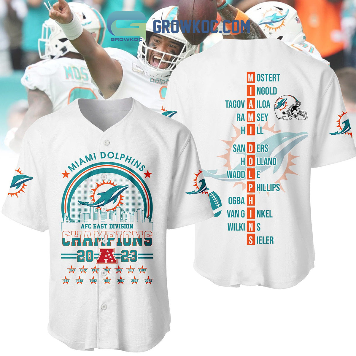 Miami Dolphins AFC East Division Champions 2023 Baseball Jersey baseball jersey product view 2