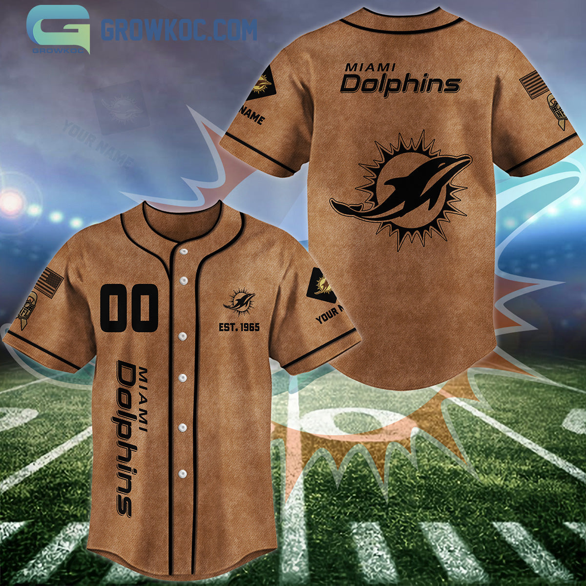 Miami Dolphins Brown American Flag Personalized Baseball Jersey baseball jersey product view 1