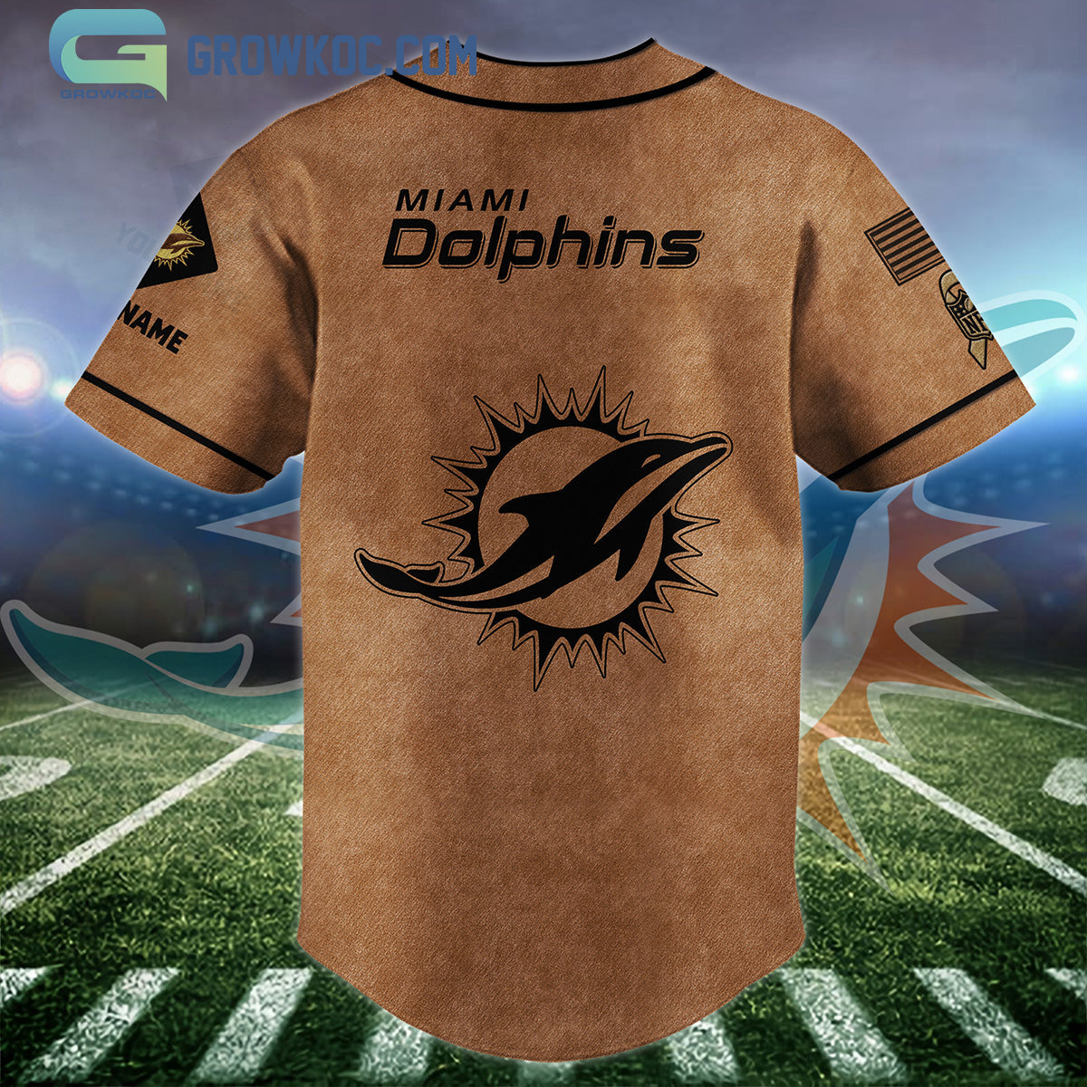 Miami Dolphins Brown American Flag Personalized Baseball Jersey baseball jersey product view 2
