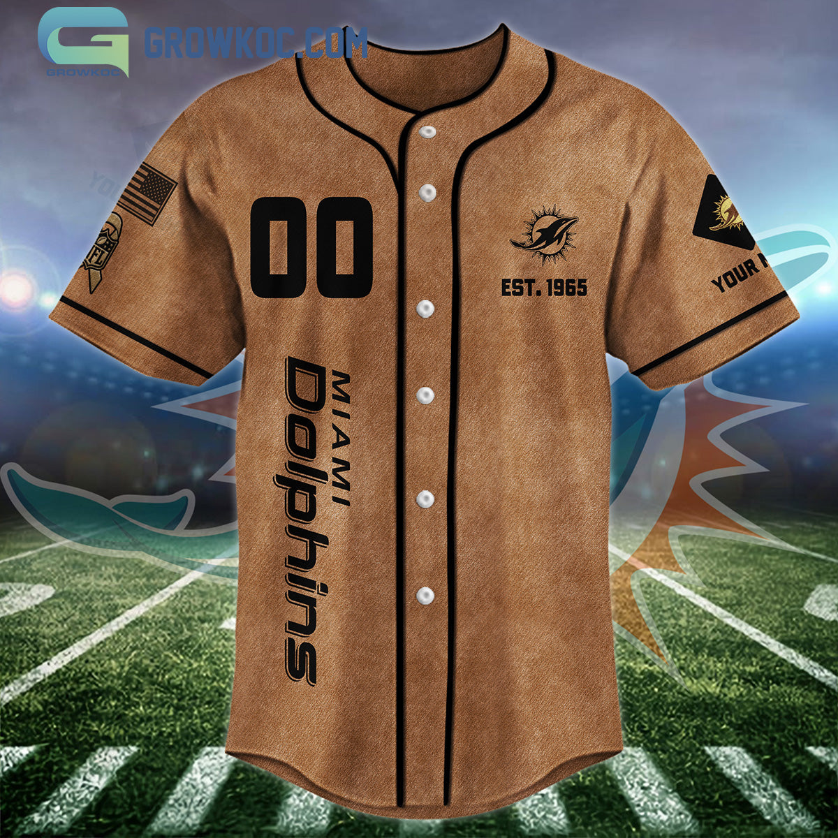 Miami Dolphins Brown American Flag Personalized Baseball Jersey baseball jersey product view 3