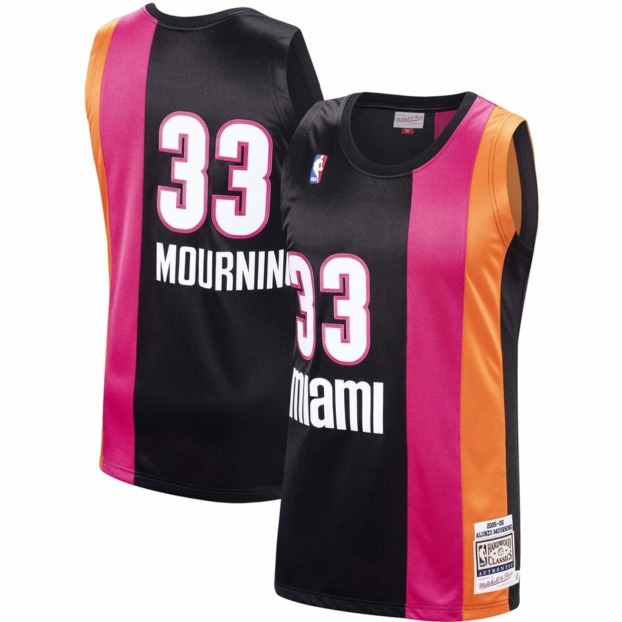 Miami Heat #33 Alonzo Mourning Mitchell & Ness Hardwood Classics 2005-06 Authentic Jersey – Black basketball jersey product view 1