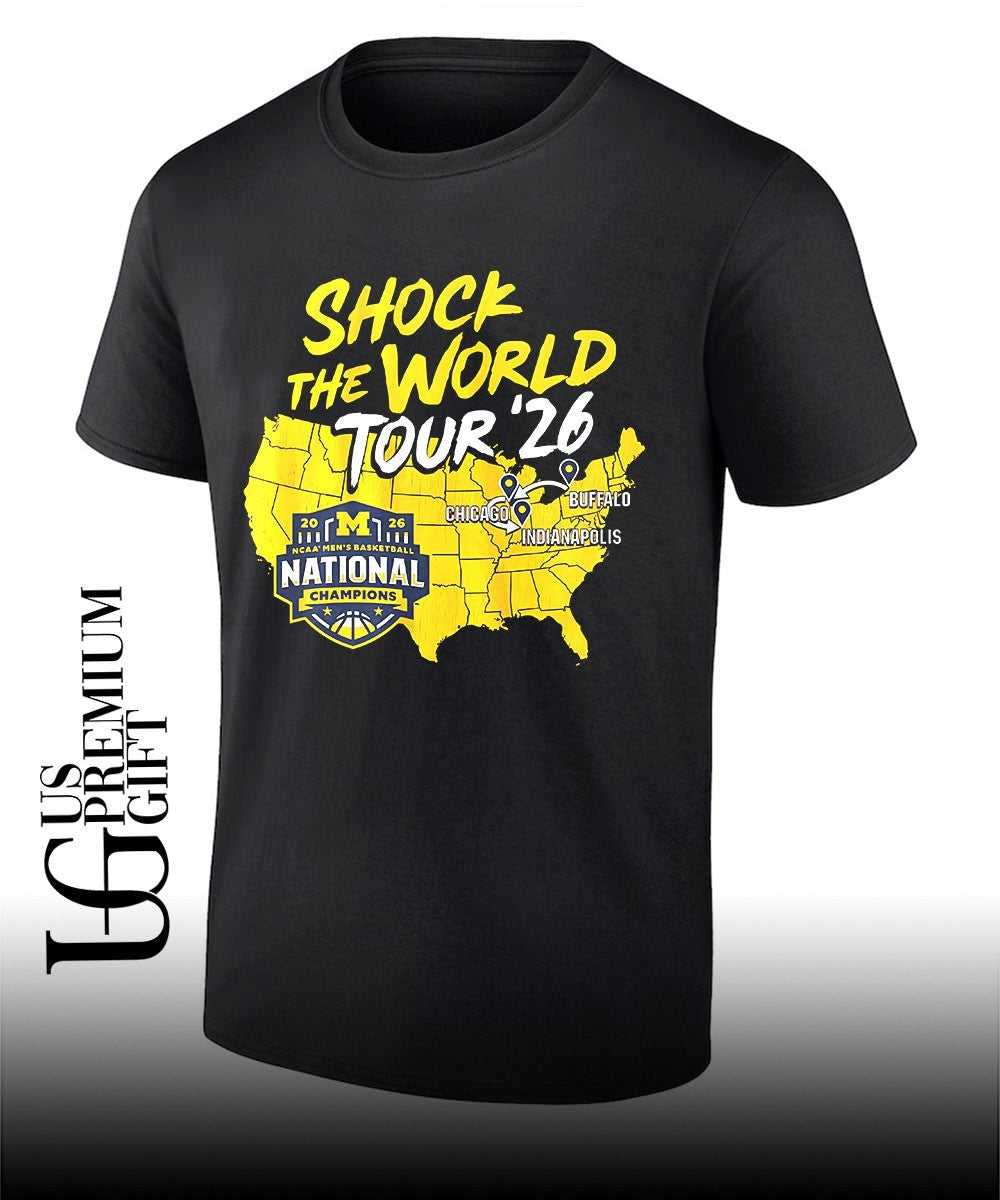 Michigan Wolverines NCAA MBB 2026 National Champions shock the World tour shirt Unisex T-shirt, Sweatshirt, Hoodie, Long Sleeve Tee - T-Shirt, Sweatshirt, Hoodie