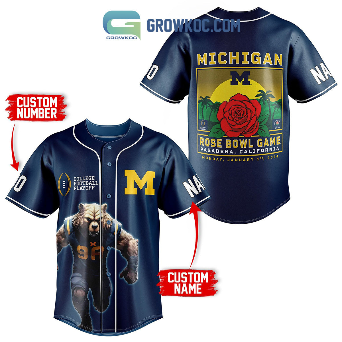 Michigan Wolverines Rose Bowl Game Personalized Baseball Jersey baseball jersey product view 1