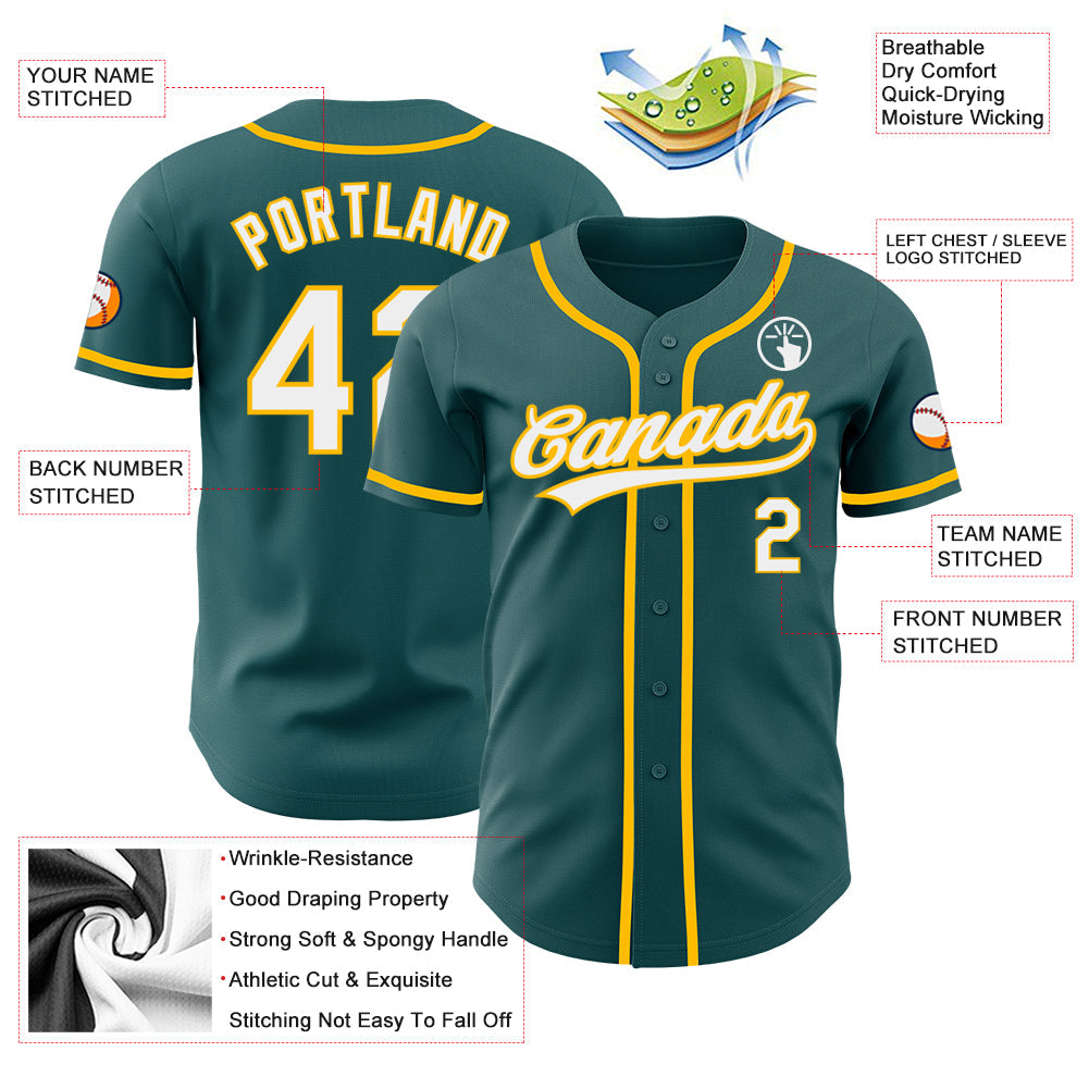 Custom Midnight Green White-Gold Authentic Baseball Jersey baseball jersey product view 3