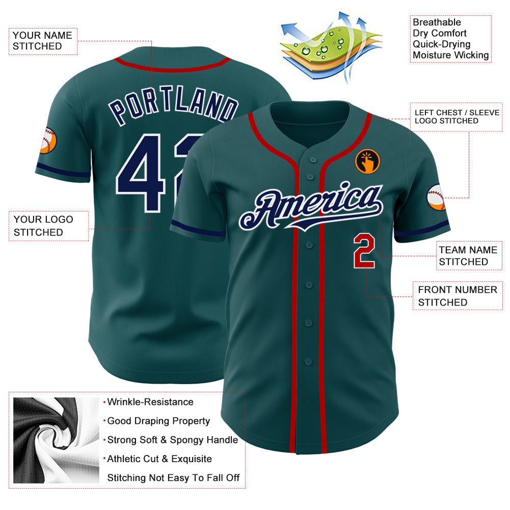 Custom Midnight Green Navy-Red Authentic Baseball Jersey baseball jersey product view 3