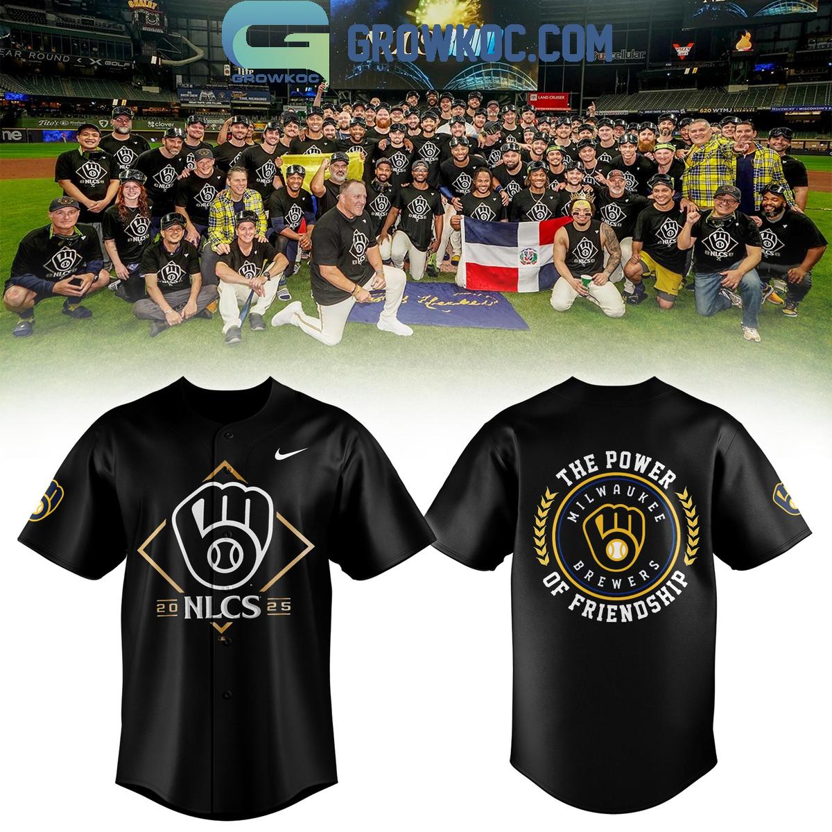 Milwaukee Brewers NLCS 2025 Champions The Power Of Friendship Black Baseball Jersey baseball jersey product view 1