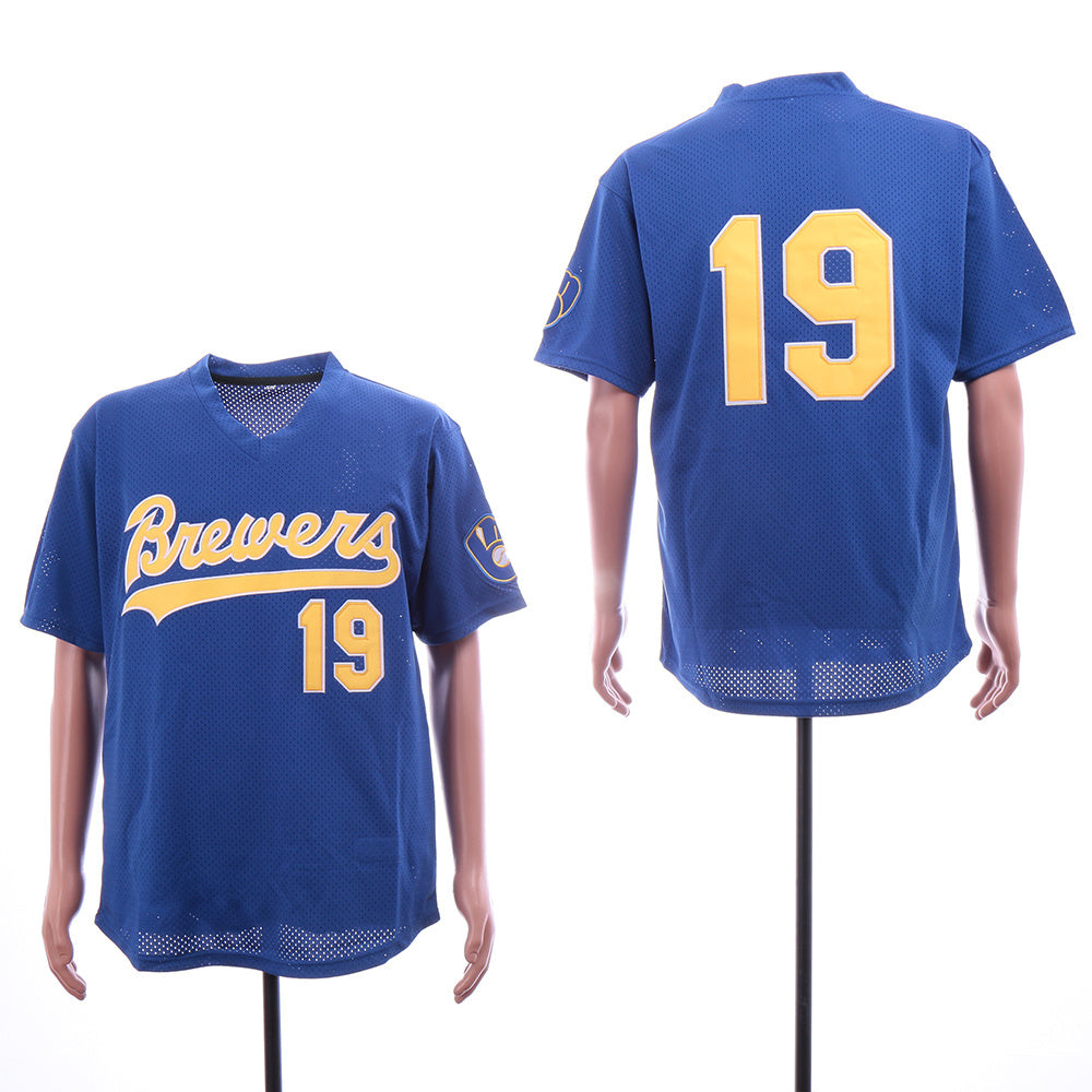 Milwaukee Brewers #19 Robin Yount Brewers 19 Blue Pullover BP Edition Retro Baseball Jersey baseball jersey product view 1