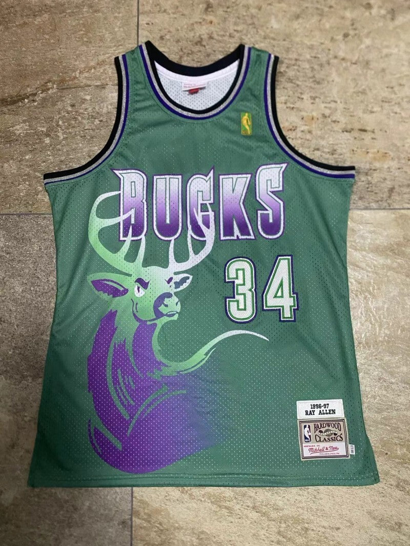 Milwaukee Bucks #34 Ray Allen mitchell&ness Bucks 34 # Allen au Embroidered Retro 96-97 Green Jersey Style 5 basketball jersey product view 1