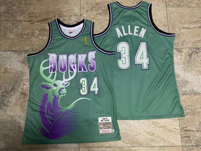 Milwaukee Bucks #34 Ray Allen mitchell&ness Bucks 34 # Allen au Embroidered Retro 96-97 Green Jersey Style 6 basketball jersey product view 1