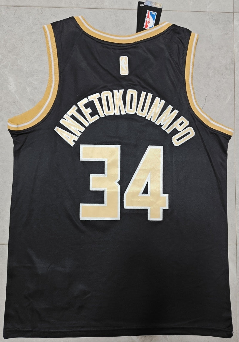 Milwaukee Bucks #34 antetokounmpo 2425 jersey blackgold Style 1 Basketball Jersey basketball jersey product view 1
