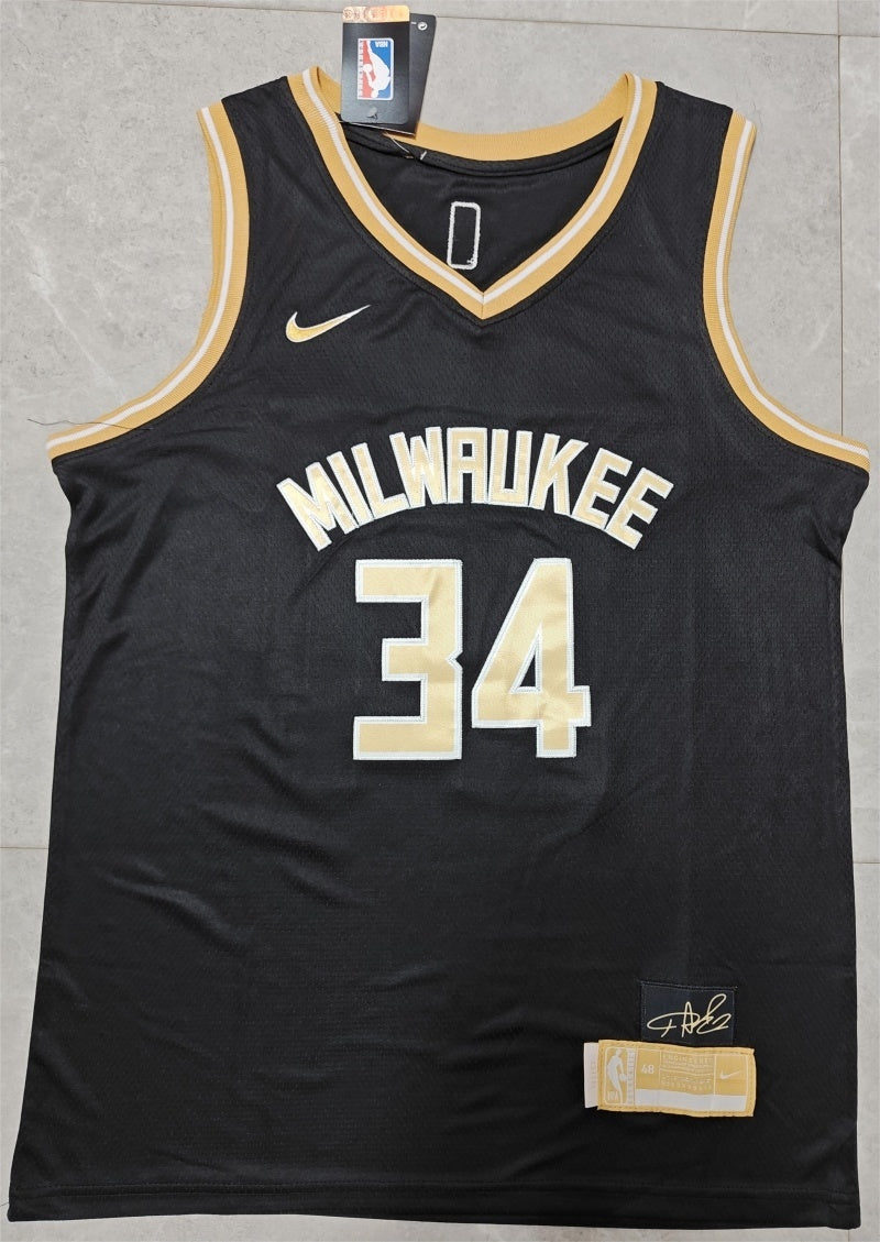 Milwaukee Bucks #34 antetokounmpo 2425 jersey blackgold Style 2 Basketball Jersey basketball jersey product view 1