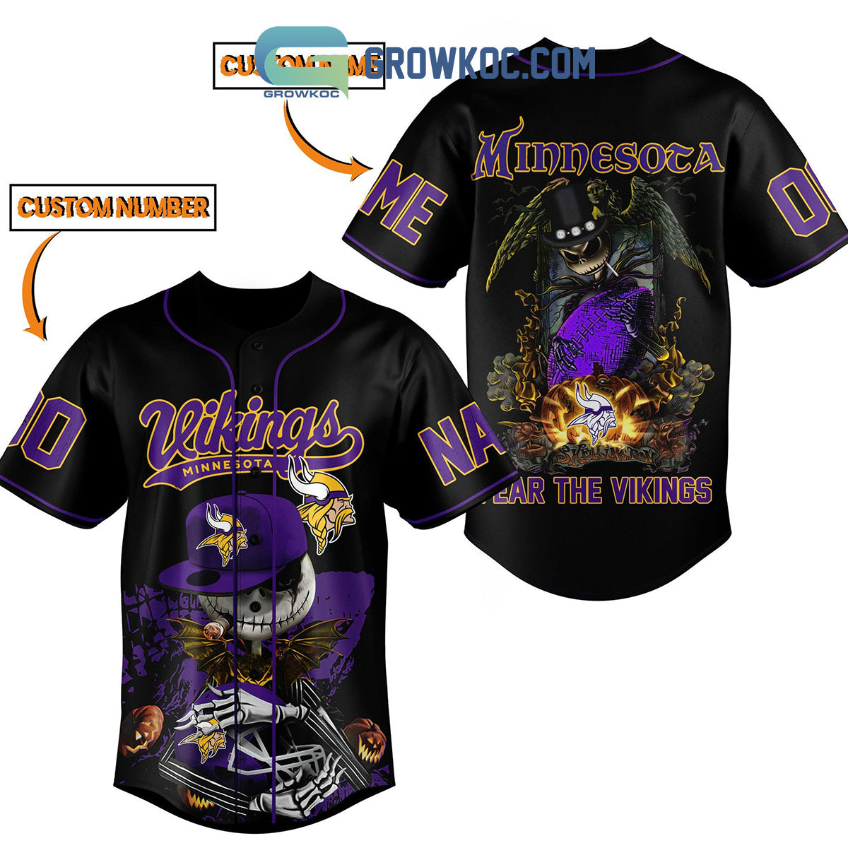 Minnesota Fear The Vikings Jack Skellington Halloween Personalized Baseball Jersey baseball jersey product view 1