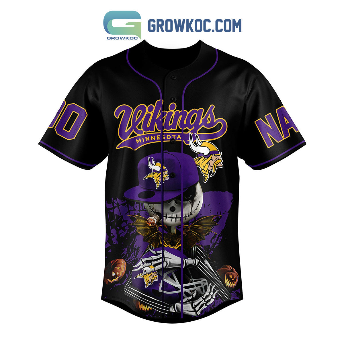 Minnesota Fear The Vikings Jack Skellington Halloween Personalized Baseball Jersey baseball jersey product view 2