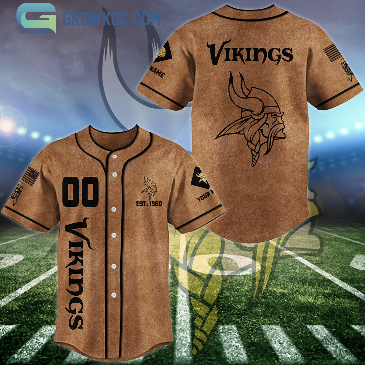Minnesota Vikings Brown American Flag Personalized Baseball Jersey baseball jersey product view 1