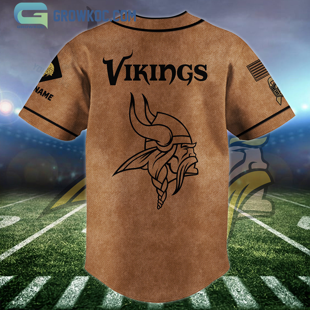 Minnesota Vikings Brown American Flag Personalized Baseball Jersey baseball jersey product view 2