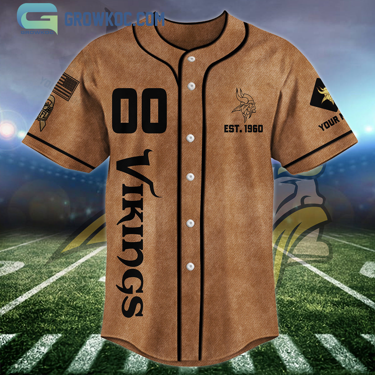 Minnesota Vikings Brown American Flag Personalized Baseball Jersey baseball jersey product view 3