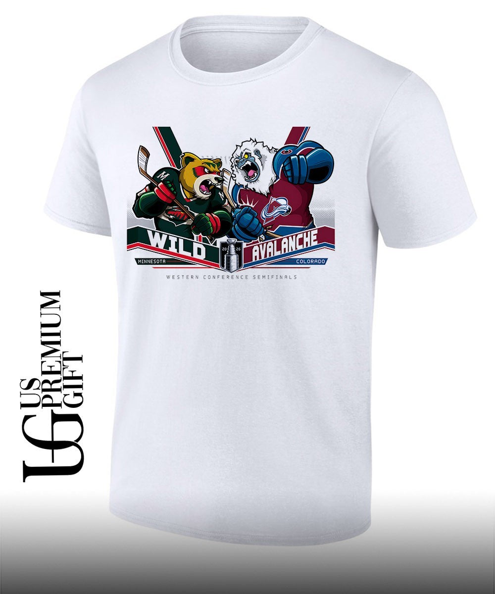 Minnesota Wild vs Colorado Avalanche NHL Western Conference Semifinals 2026 mascot shirt Unisex T-shirt, Sweatshirt, Hoodie, Long Sleeve Tee - T-Shirt, Sweatshirt, Hoodie