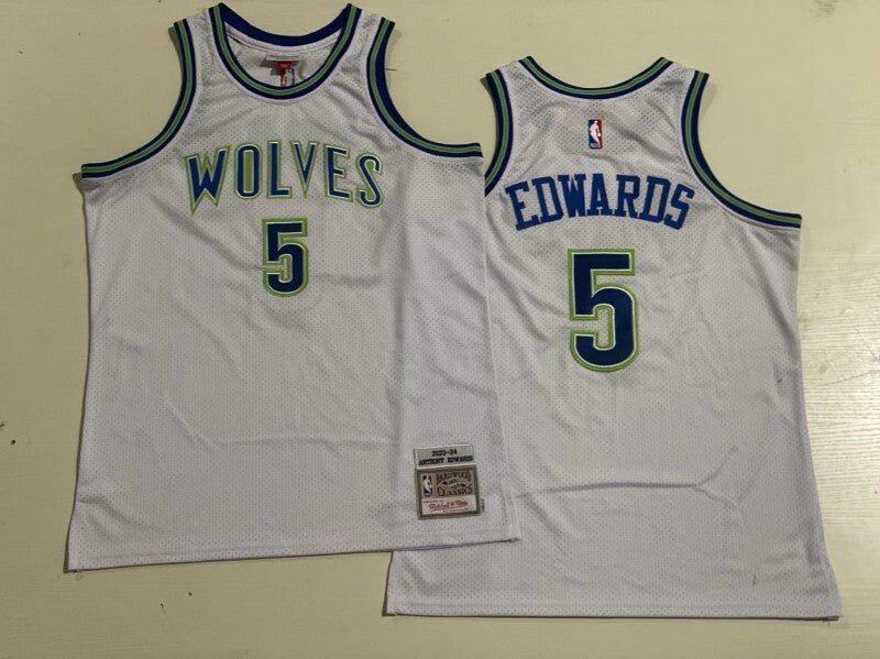Minnesota Timberwolves #5 Anthony Edwards mitchell&ness Timberwolves 5 # Edwards Retro White Jersey Style 3 basketball jersey product view 1