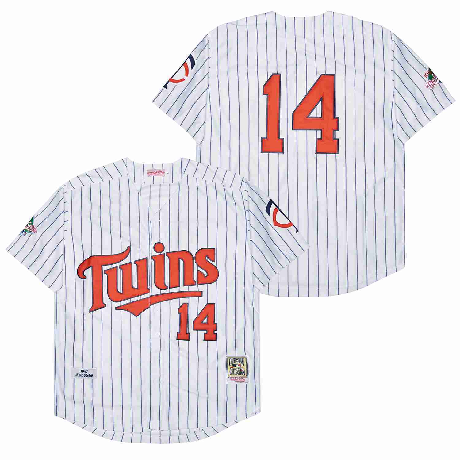 Minnesota Twins #14 Kent Hrbek Twins 14 White Navy Stripe 1991 Retro Style 1 Baseball Jersey baseball jersey product view 1