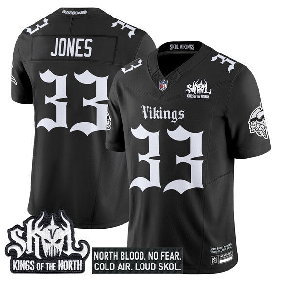 Minnesota Vikings #33 Aaron Jones Black 2025 F.U.S.E. Kings of the North Patch 'Gothic Football Jersey football jersey product view 1