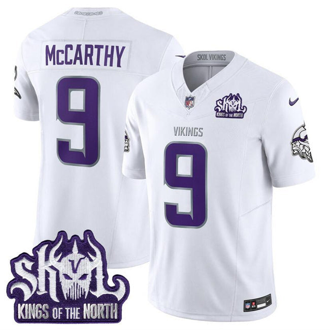 Minnesota Vikings #9 J.J. McCarthy White 2025 F.U.S.E. Winter Warrior Skol Patch Vapor Football Jersey football jersey product view 1