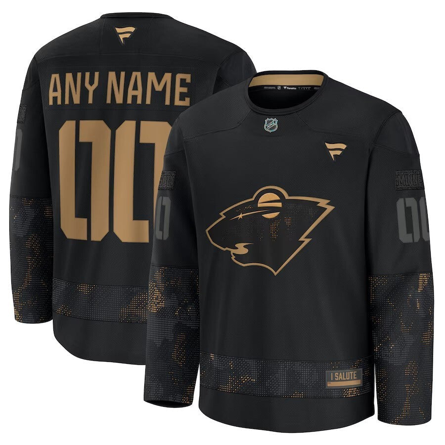 Minnesota Wild 2024 Military Appreciation Personalized Long Sleeve Practice Jersey - Black hockey jersey product view 1