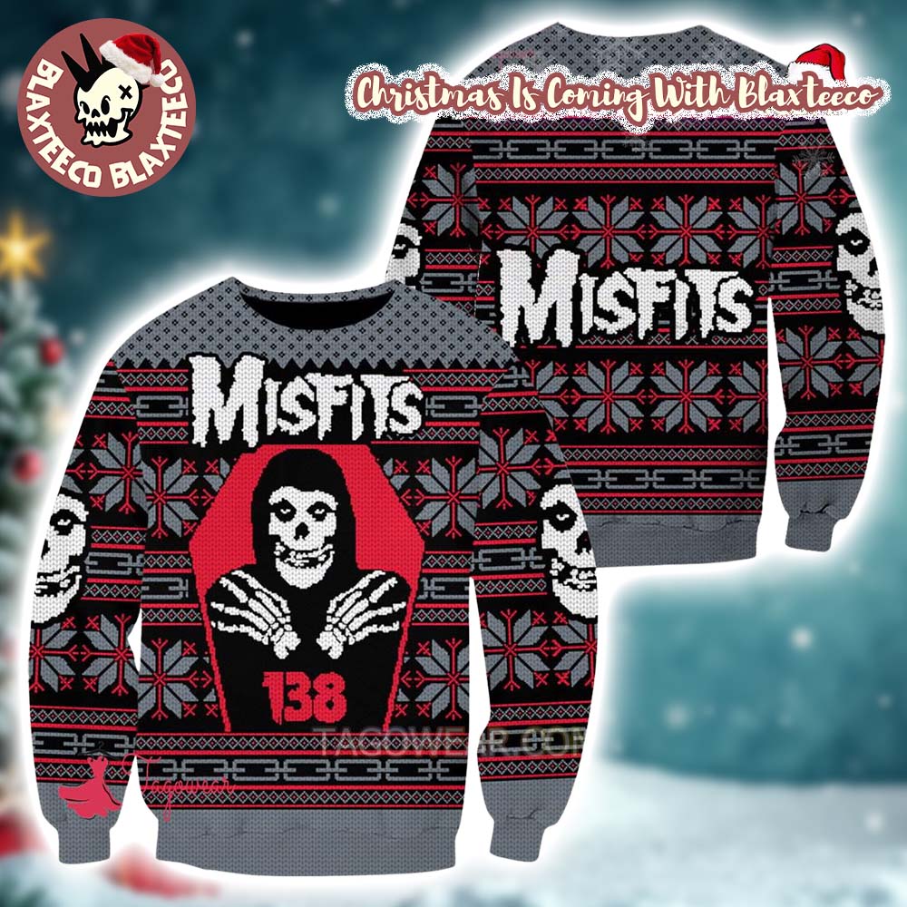 Misfits Signature Crimson Ghost 138 Snowflakes Pattern Ugly Christmas Sweater Unisex T-shirt, Sweatshirt, Hoodie, Long Sleeve Tee - T-Shirt, Sweatshirt, Hoodie