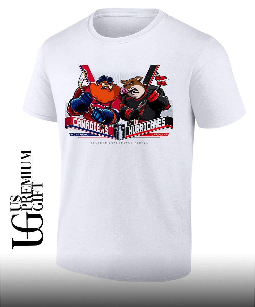 Montreal Canadiens vs Carolina Hurricanes 2026 Eastern Conference Finals mascot shirt Unisex T-shirt, Sweatshirt, Hoodie, Long Sleeve Tee - T-Shirt, Sweatshirt, Hoodie