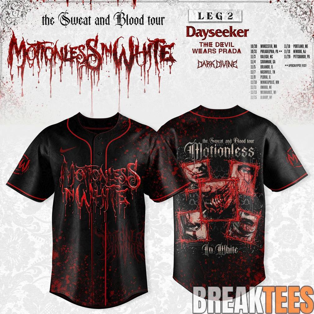 Motionless In White Leg 2 of The Sweat And Blood Tour 2026 Baseball Jersey Unisex T-shirt, Sweatshirt, Hoodie, Long Sleeve Tee - T-Shirt, Sweatshirt, Hoodie