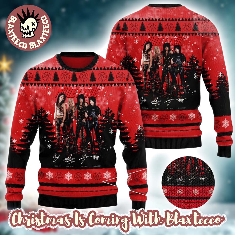 Motley Crue Band Member Photo With Signatures Snowy Night Knitted Red Ugly Christmas Sweater - T-Shirt, Sweatshirt, Hoodie