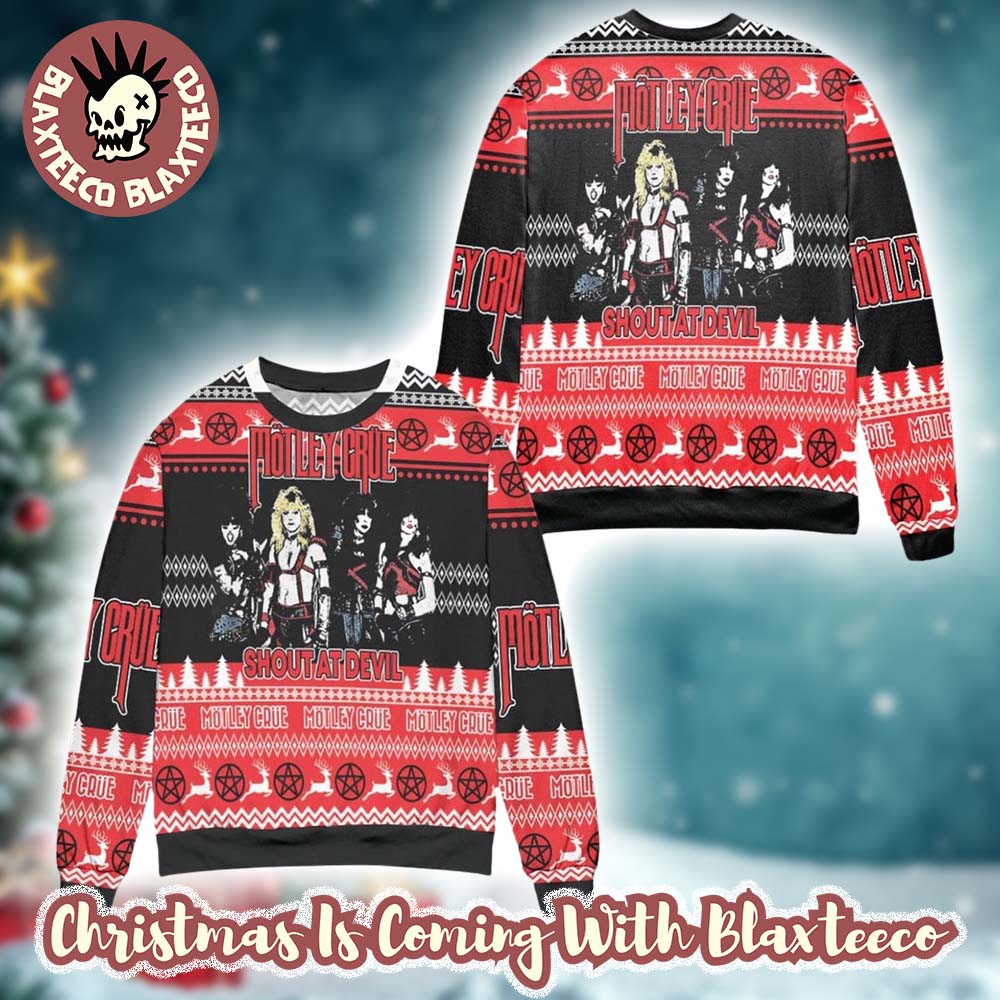 Motley Crue Band Shout At Devil Band Art Knitted Black And Red Ugly Christmas Sweater Unisex T-shirt, Sweatshirt, Hoodie, Long Sleeve Tee - T-Shirt, Sweatshirt, Hoodie