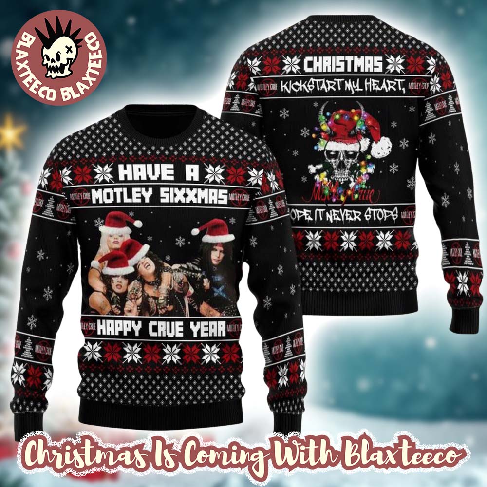 Motley Crue Have A Motley Sixxmas Happy Crue Year Santa Hats Knitted Black Ugly Christmas Sweater - T-Shirt, Sweatshirt, Hoodie
