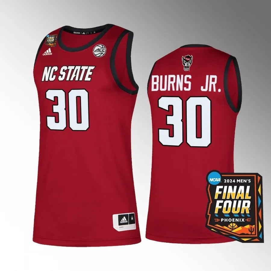 NC State Wolfpack #30 D.J. Burns Jr. 2024 NCAA March Madness Final Four Red Jersey Mens Basketball basketball jersey product view 1