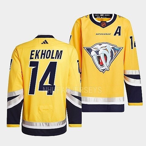 Nashville Predators #14 mattias-ekholm-yellow-2022reverse-retro-2.0-authentic-primegreen-jersey (1)_conew1 hockey jersey product view 1