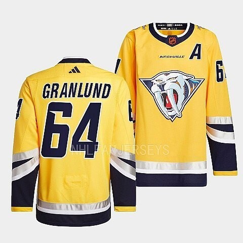 Nashville Predators #64 mikael-granlund-yellow-2022reverse-retro-2.0-authentic-primegreen-jersey_conew1 hockey jersey product view 1