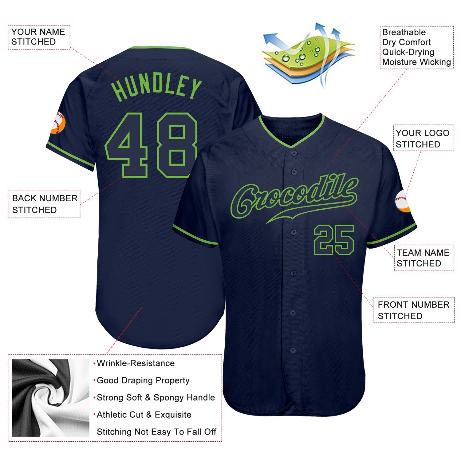 Custom Navy Navy-Neon Green Authentic Baseball Jersey baseball jersey product view 3