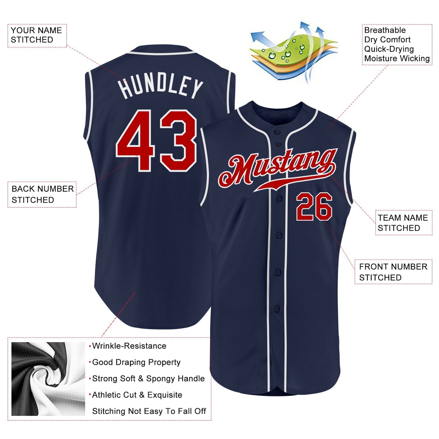 Custom Navy Red-White Authentic Sleeveless Baseball Jersey baseball jersey product view 2