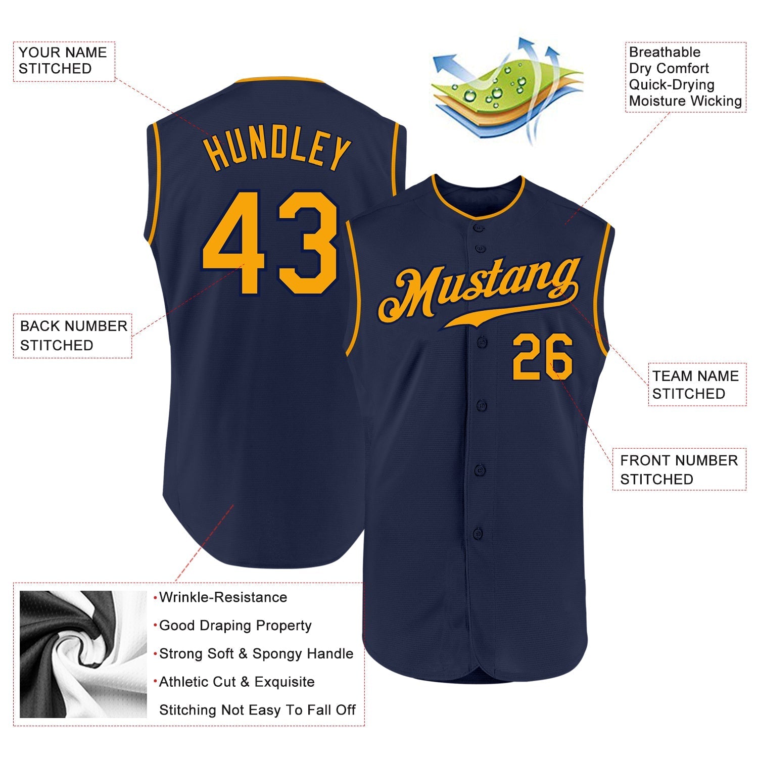 Custom Navy Gold Authentic Sleeveless Baseball Jersey baseball jersey product view 2