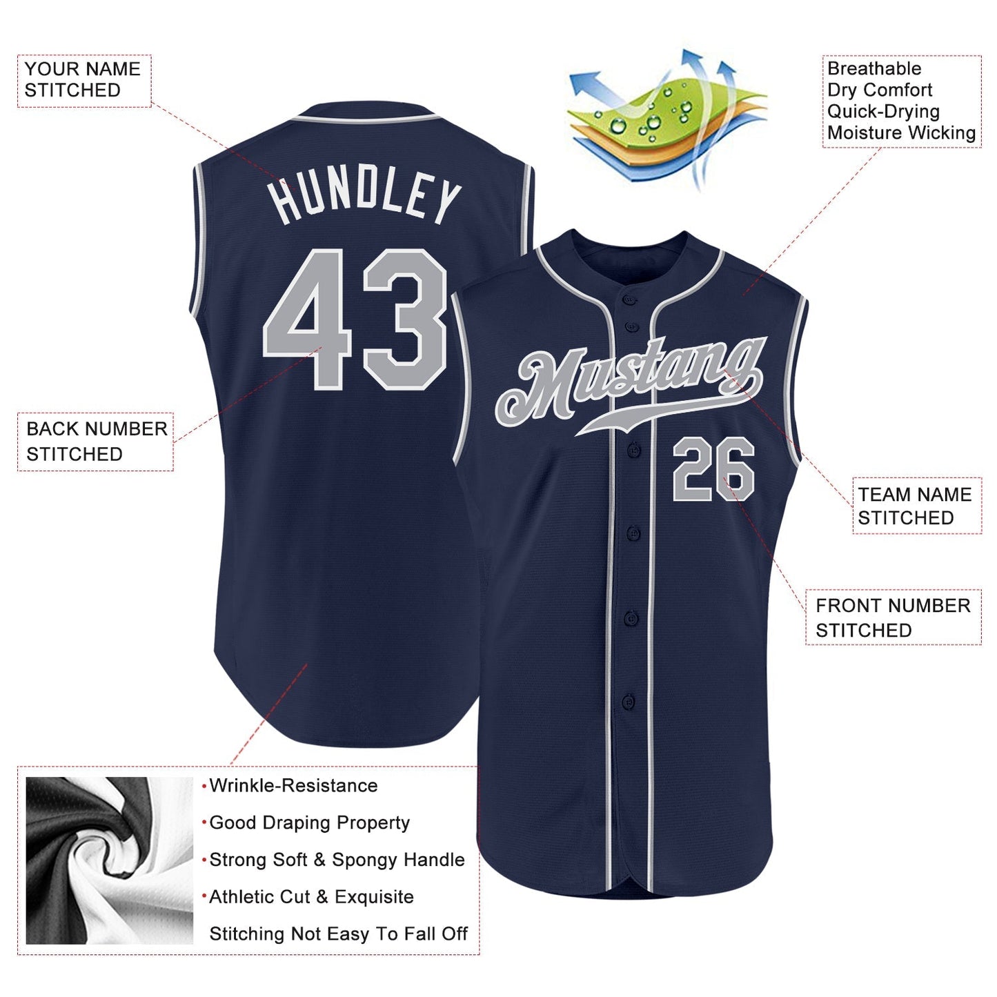 Custom Navy Gray-White Authentic Sleeveless Baseball Jersey baseball jersey product view 2